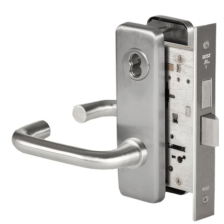 Best Grade 1 Dormitory Mortise Lock, 3 Lever, J Escutcheon, SFIC Housing Less Core, Satin Chrome Finish,  45H7T3J626
